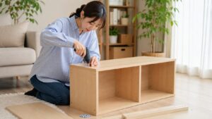 明るい部屋で小型電動ドライバーを使い家具を組み立てる女性