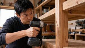 木材に長いビスを打ち込むインパクトドライバー作業