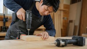 ドリルドライバーで木材に下穴をあける木工作業