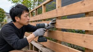 屋外でインパクトドライバーを使い木製フェンスを固定する作業