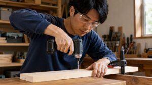 保護メガネを着用してインパクトドライバーを正しく使う男性
