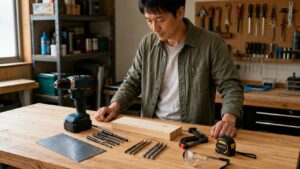 穴あけ工具とドリルビットを作業台に並べて準備する日本人男性