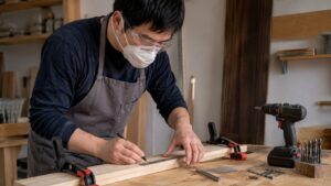 保護具を着けて木材をクランプで固定し穴位置を測る作業風景