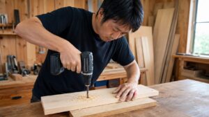 木材にドライバドリルで穴をあける日本人DIY作業者