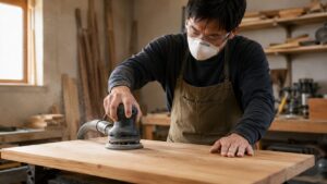 日本人作業者がサンダーで木材の表面をなめらかに研磨している様子