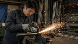 日本人作業者が保護具を着用し、グラインダーで金属パイプを切断している様子