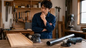 木材用のサンダーと金属用のグラインダーを前に、用途を考える日本人作業者
