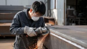 日本人作業者がグラインダーで金属の溶接跡を削り、表面を整えている様子
