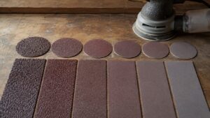 粗目から細目までのサンドペーパーとサンダーを作業台に並べた様子