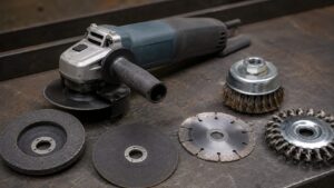 グラインダー本体と研削砥石、切断砥石、ワイヤーブラシなどの先端工具を並べた様子