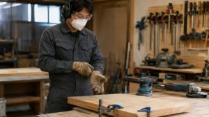 保護メガネや防じんマスク、イヤーマフを着用し作業前の安全準備をする日本人作業者