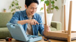 家庭用工具セットのプラスドライバーを使い、木製椅子の脚を安全に組み立てる日本人の男性。リビングルームでの家庭内軽作業の様子。