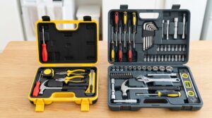 木製テーブルの上に並べられた、中身の異なる2つの家庭用工具セット。左側は9点の最低限のセット、右側は48点の充実したセット。点数よりも中身を確認することの重要性を示す。