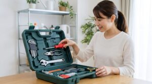 日本人の女性が、自宅の木製テーブルの上で、専用のハードケースの型抜きされた場所にプラスドライバーをきれいに収納する様子。工具の紛失を防ぎ管理しやすい。