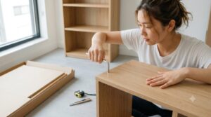 日本人の女性が、自宅のフローリングの上で、六角レンチを使い木製ラックのボルトを安全に締めて組み立てる様子。家具組み立ての現場。