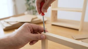 日本人の手が、サイズが合わない安価なプラスドライバーを使い、木製家具のネジ穴を傷つけてしまう様子（ネジをなめる手前）。工具の精度不足によるトラブルのリスクを示す。