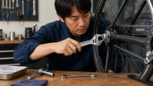 自転車整備でモンキーレンチを正しくナットにかけて使う日本人男性