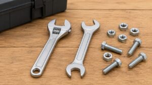 モンキーレンチとスパナの違いを比較できる工具とナットの写真