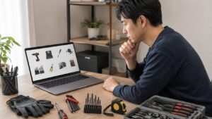 Amazonで工具を比較しながら、ドライバーやドリルビットなど必要な工具を選ぶ日本人男性