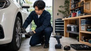 ガレージで電動工具とトルクレンチを使い車のタイヤ整備をする日本人男性