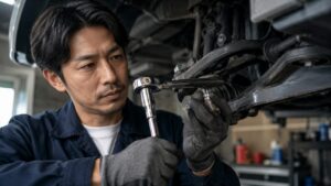車の足回り整備でラチェットを使い高トルク作業を慎重に行う日本人整備士