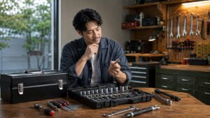 アストロプロダクツの工具セットを作業台で確認する日本人男性と、ソケットやレンチが並ぶガレージ風景