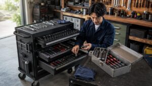 工具ワゴンの引き出しにソケットやドライバーを整理する日本人男性と収納力のある作業場