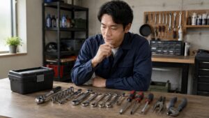 アストロプロダクツ工具を検討する日本人男性が作業台で工具を比較している様子