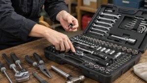工具セットの中身を確認しながらソケットやラチェットを選ぶ作業風景