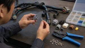 自動車端子用の圧着工具とカプラー端子を確認する作業風景