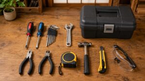 初心者におすすめの基本工具セットと工具箱を作業台に並べた写真