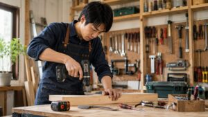 自宅工房で電動ドリルを使う日本人男性と基本工具