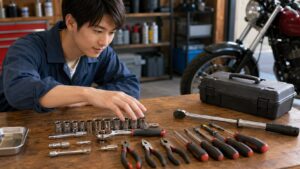 初心者向けのソケットやラチェットなど基本工具セットを選ぶ日本人男性