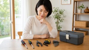 工具を初めて買う日本人女性が基本工具と工具箱を見比べて選んでいる様子