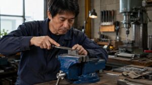日本人男性がベンチバイスで固定した金属部品をヤスリで加工する精密な金工作業