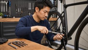 自転車整備でトルクレンチとヘキサゴンソケットを使い、適切な締付けを行う日本人男性
