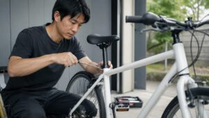 日本人男性が六角レンチで自転車のサドルを調整している軽整備の様子