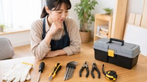 安い工具をそろえたい初心者の女性が、工具箱と基本工具セットを前に選び方を考えている様子