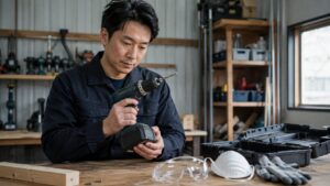 電動ドリルの状態を確認して安全点検を行う日本人男性