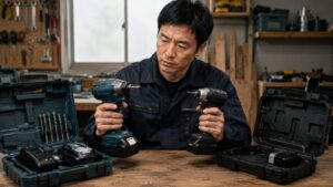 2つの電動工具を比較し、安さだけでなく付属品や品質を確認する日本人男性