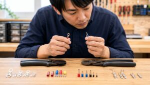 圧着工具の選び方を確認する日本人作業者と、裸端子・絶縁端子・フェルール・小型端子の比較風景