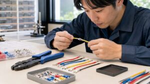圧着後の電線端子を日本人作業者が引っ張り確認し、安全性を点検する様子