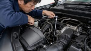 エンジンルームの奥まったボルトをエクステンションバー付きラチェットで回す日本人整備士