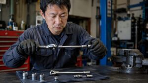 ガレージでラチェットとエクステンションバーの接続を確認する日本人整備士