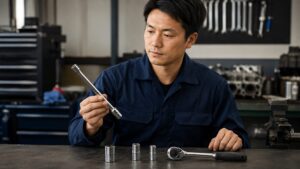 作業台でエクステンションバーとソケットの差込角を確認する日本人整備士