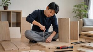 日本人男性がドライバーを使って木製家具を組み立てているDIY作業の様子