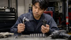 ハンドソケットとインパクトソケットの違いを確認する整備士