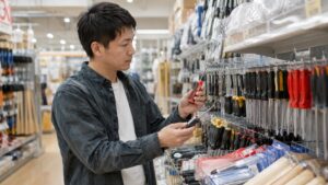ホームセンターの工具売り場で日本人男性がドライバーを比較して選んでいる様子