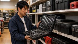 ホームセンターで工具セットを実物確認する日本人男性