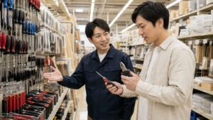 ホームセンターで店員に相談しながら初心者向け工具を選ぶ日本人男性